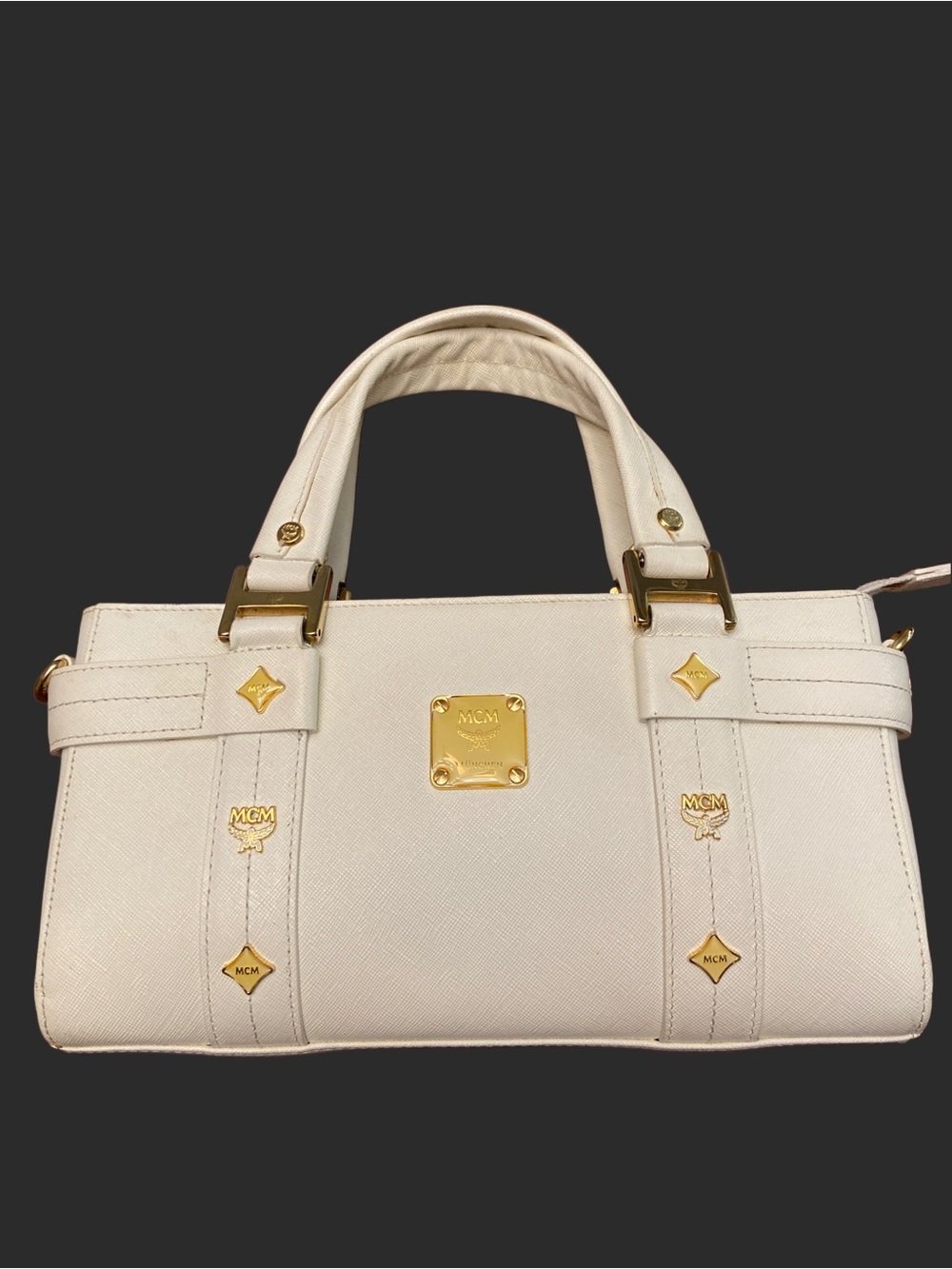 Authentic MCM Ivory Leather Boston Tote / Crossbody with Gold Hardware & Chain - Picture 3 of 16